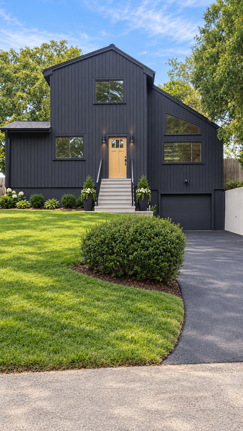 The renovated black exterior of 144 Acorn Avenue